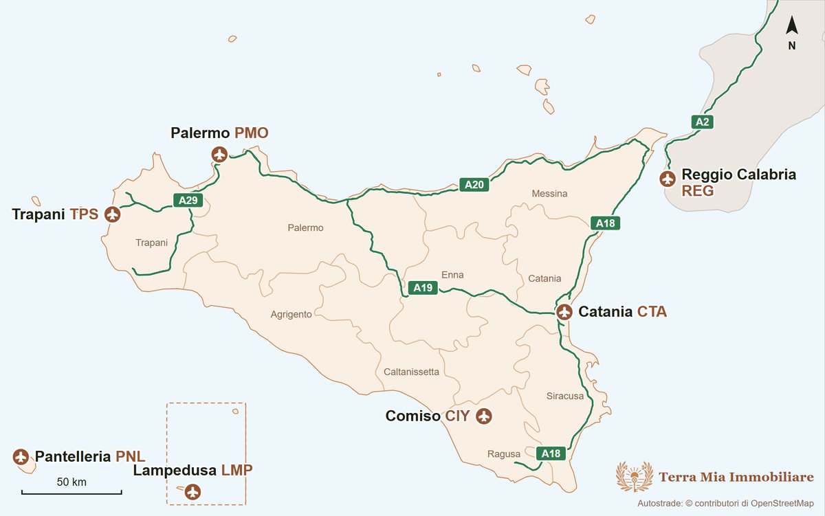 Mappa della Sicilia con gli aeroporti di Palermo (PMO), Trapani (TPS), Catania (CTA), Comiso (CIY), Pantelleria (PNL), Lampedusa (LMP) e Reggio Calabria (REG), le autostrade A18, A19, A20 e A29 e le nove province